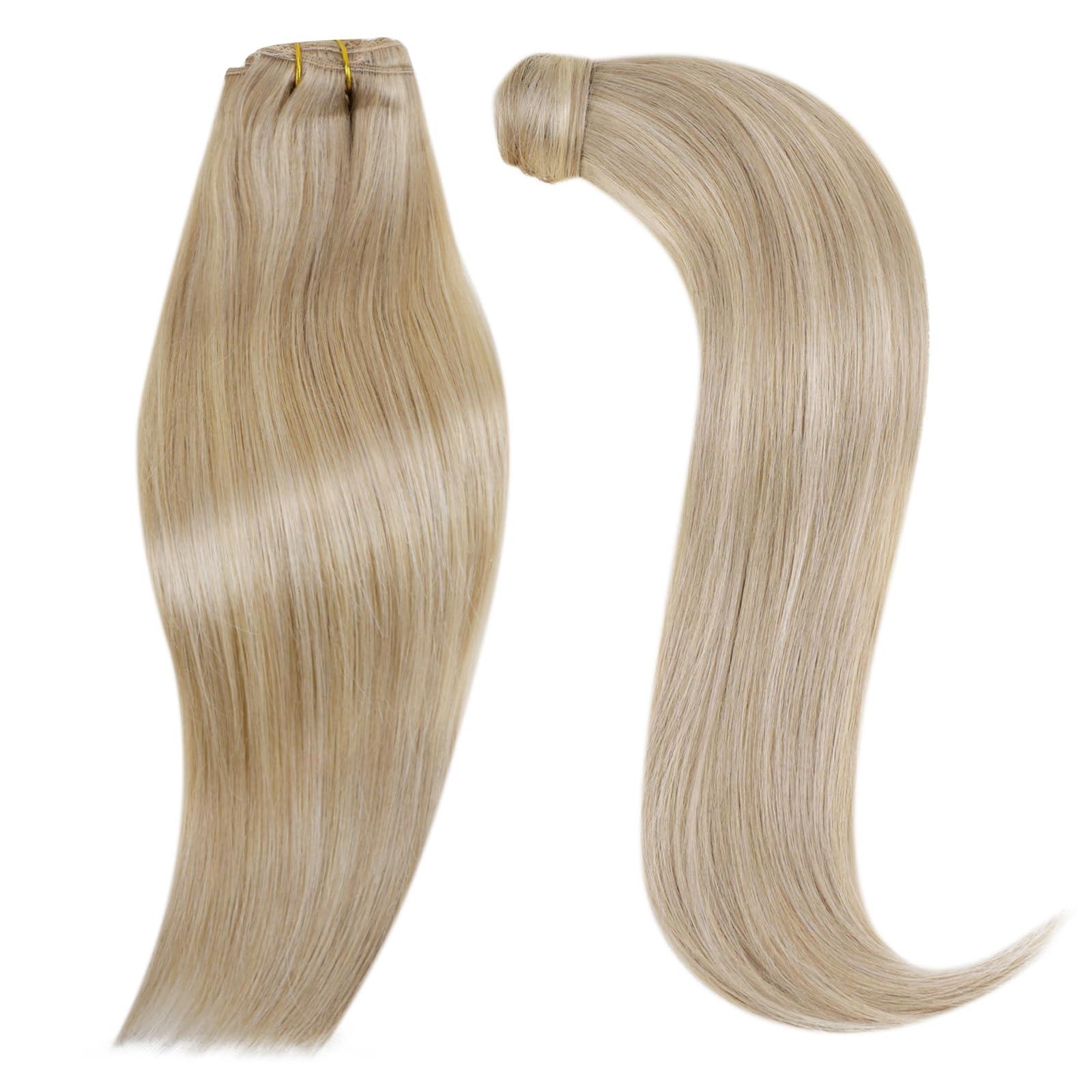 RUNATURE Light Ash Blonde Hiar Extensions Clip Ins 12 Inch Clip Hair Extensions #16p22 and #8p60 Brown with Blonde Human Hair Ponytail Extension 12 inch