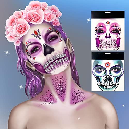 Jacnkb Skull Face Gems Jewels Rhinestone, Halloween Temporary Face Tattoos, Day of the Dead Face Tattoo Stickers, Crystal Body Gems Stick on Face for Festival Rave Party Cosplay 2Pcs