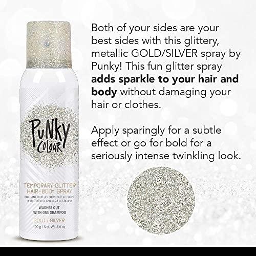 Jerome Russell Punky Temporary Hair and Body Glitter Spray, Gold/Silver -Lightweight Shimmery Hairspray for Hair, Skin, and Clothes, Sparkly Glow for Parties & Events, 3.5 oz