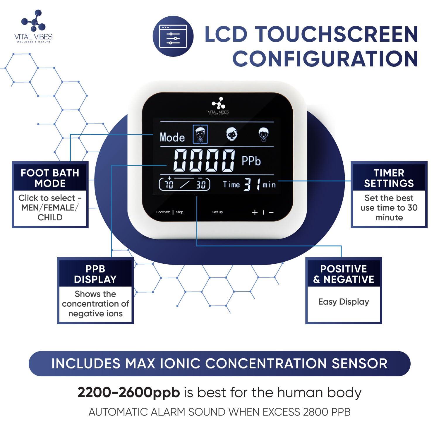 Vital Vibes Vital Vibes Ultimate Ionic Foot Bath Detox Machine - Foot Detox Machine for Spa Bath with Touch Display - Epsom Salt & Towel - Collapsible Soaking tub -Powerful Array- Ion Wristband-Tub Liners
