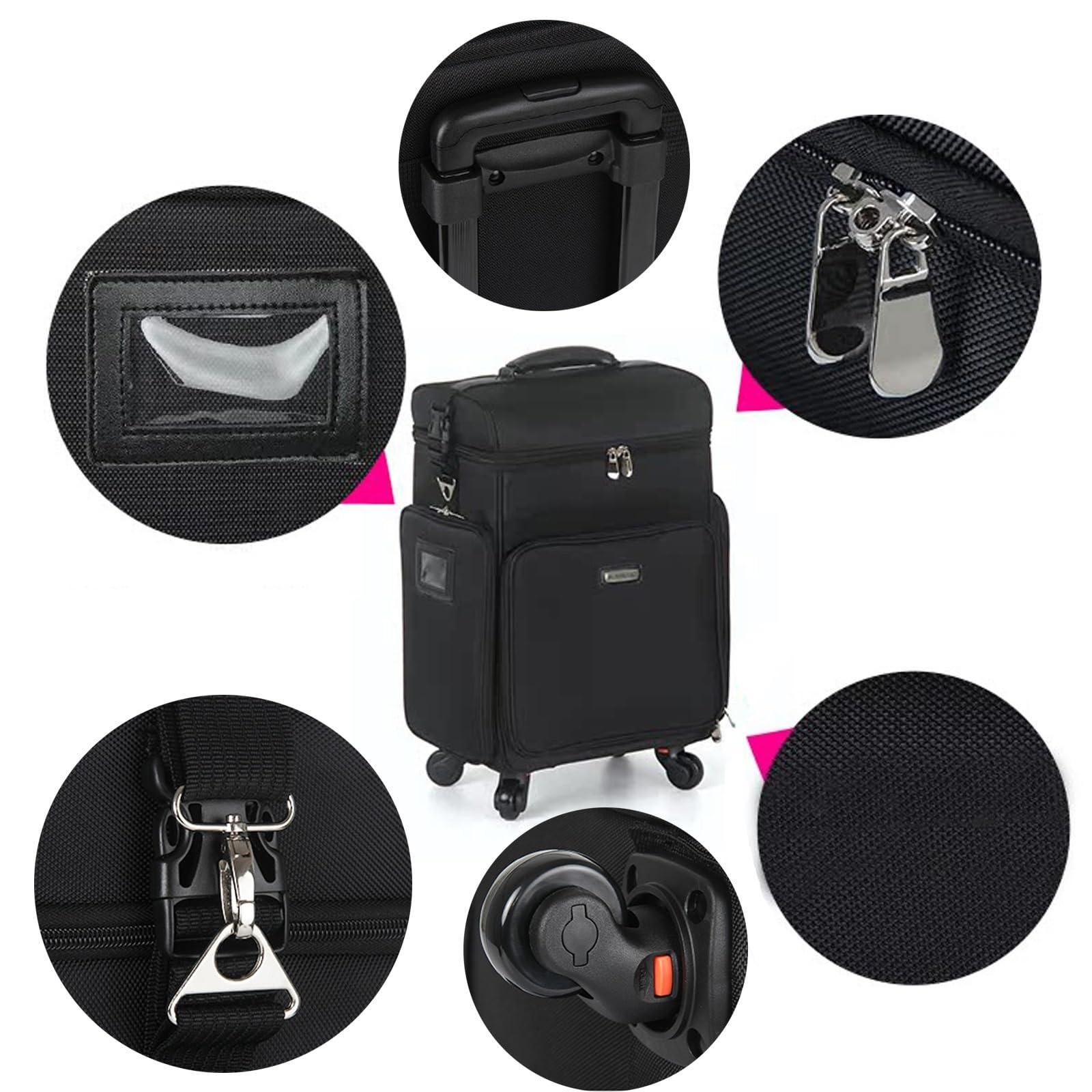 HJXGQJM HJXGQJM Oxford Cloth Rolling Makeup Case With Wheels Travel Cosmetic Cases Detachable Professional Rolling Trolley Makeup Travel Case Oxford Vanity Portable Makeup Artist Organizer Box Black