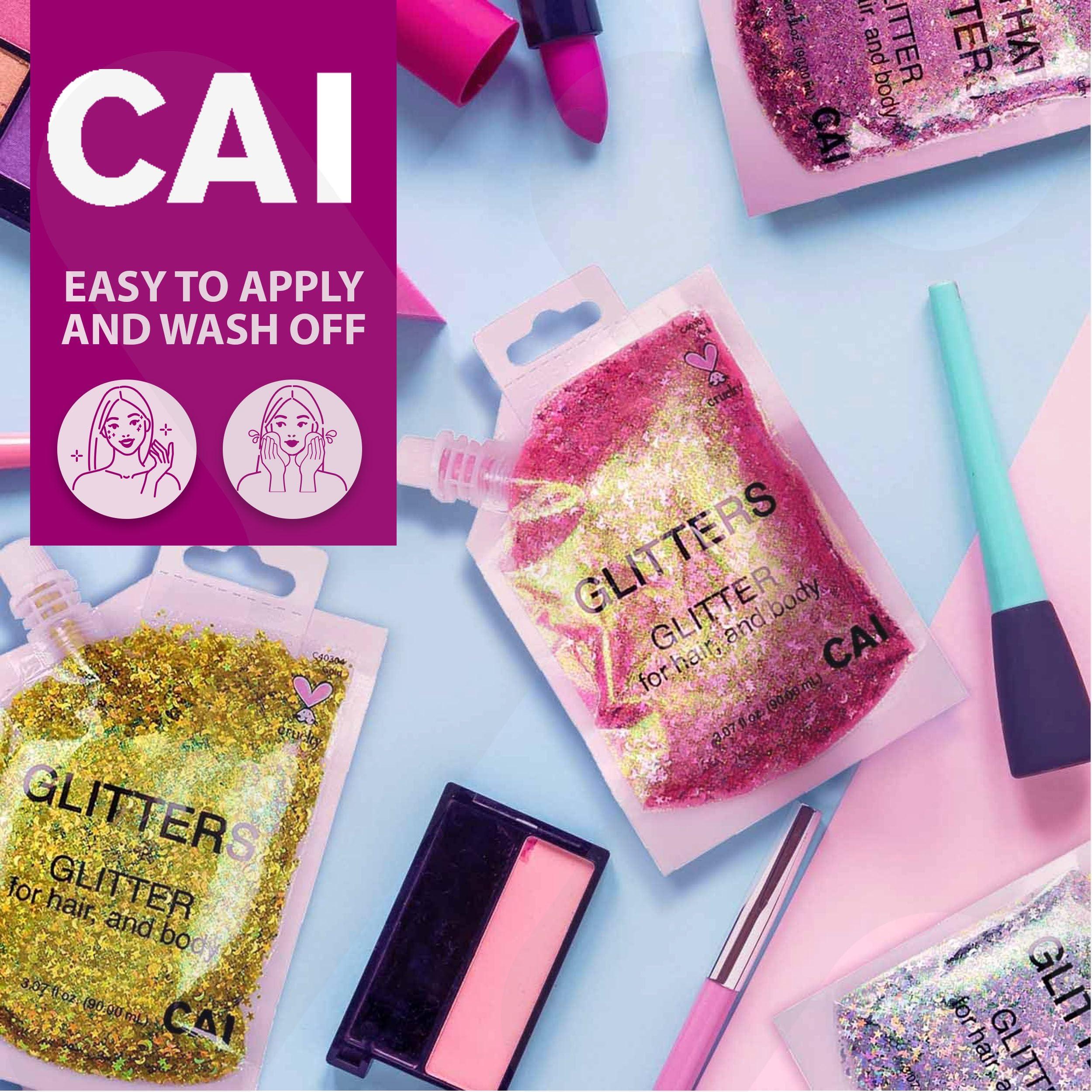 CAI BEAUTY NYC Body Glitter Gel- Face, Body & Hair (1 Pk Violet) Chunky Iridescent Holograph Stars & Moon, 3 oz | Cosmetic-Grade Makeup, Apply Without Glue, Easy to Take Off & Keep Skin Clean - for Concerts, Raves