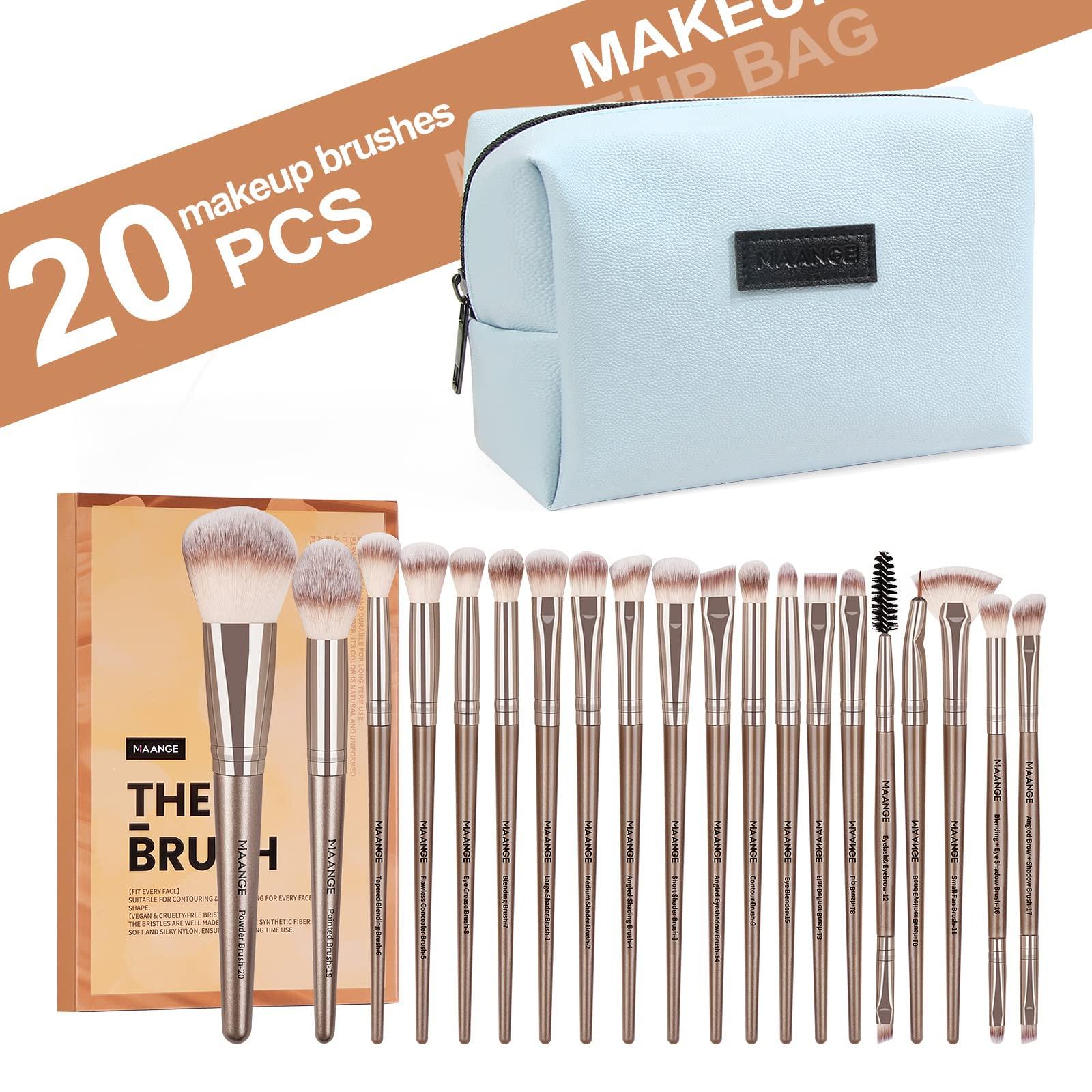 MAANGE MAANGE Small Makeup Bag for Purse and 20 Pcs Makeup Brushes Set with Gift BoxBlue+Champagne)