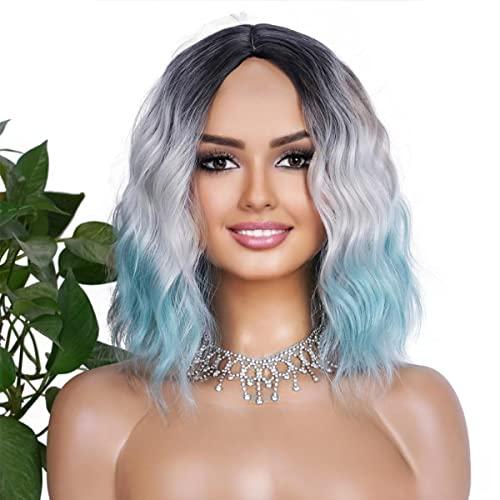 Civrie Civrie Ombre Blue Wig Short Bob Wigs for Women, Dark Roots Short Wavy Grey Wigs, Synthetic Heat Resistant Cosplay Wigs
