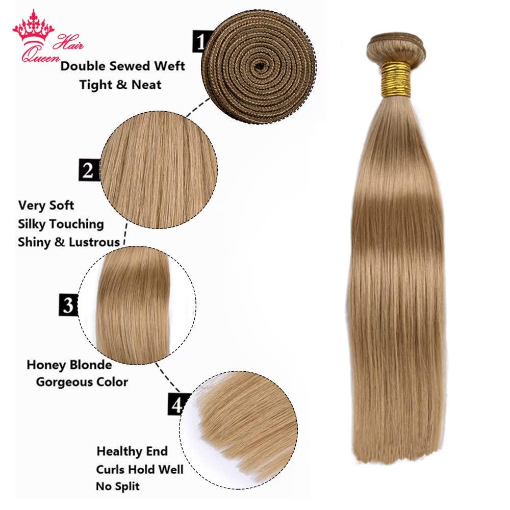 Queen Hair Queen Hair Products Mink Brazilian Hair Weave Bundles Hair Extension Honey Blonde Straight Color #27 Honey Blonde Hair Bundles (12 14 16 18inch)