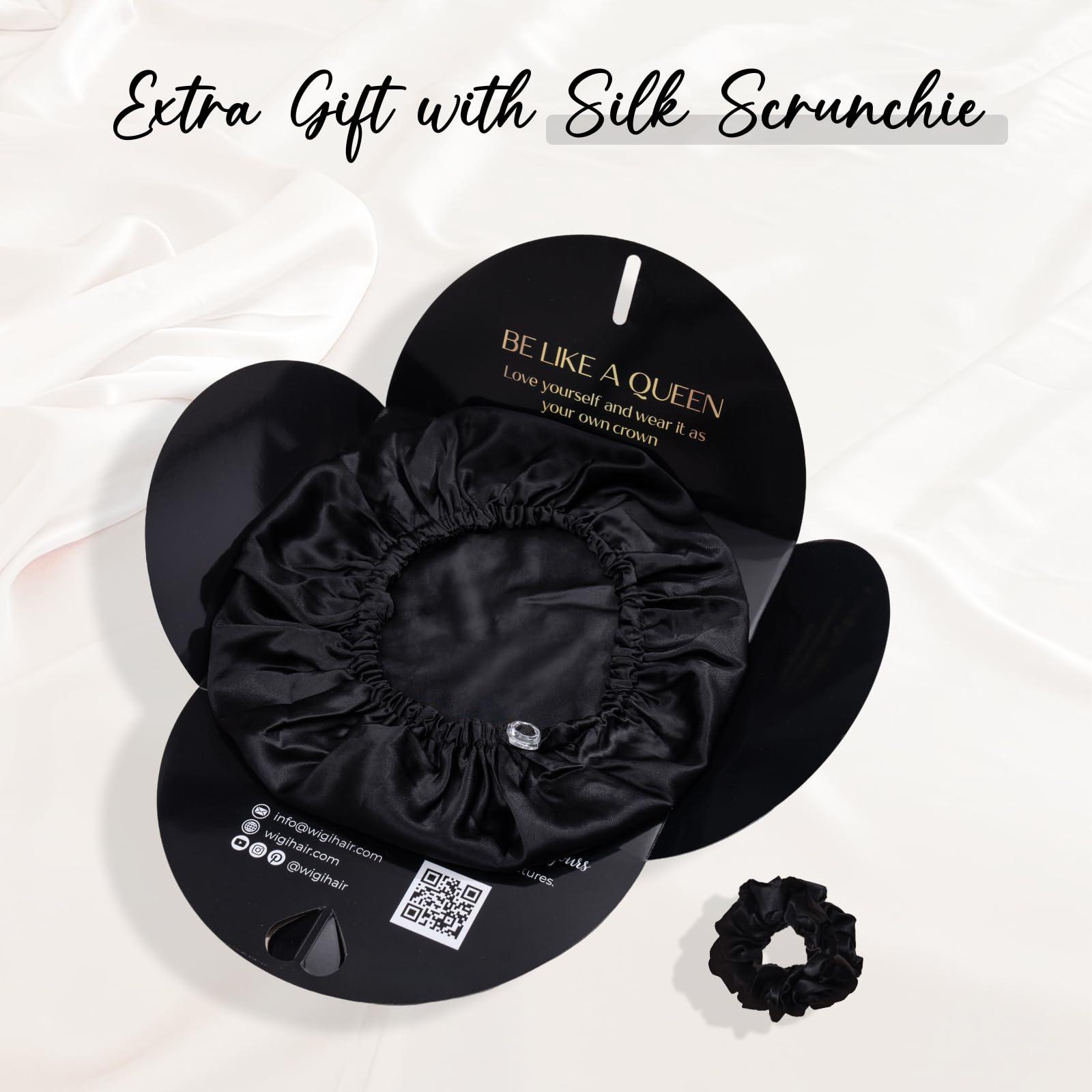 WIGI WIGI 100% Mulberry Silk Bonnet with Scrunchie Gift for Women, Silk Bonnet for Sleeping, Shower Cap Hair Bonnet, Silk Hair Wrap for Hair Care (100% Mulberry Silk (Round design), Black)