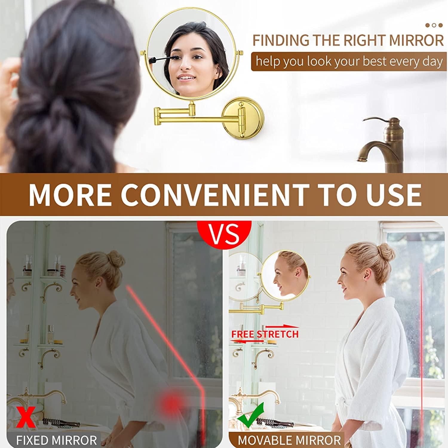 FJYDM FJYDM Wall Mounted Makeup Mirror, 8 inch Gold Double Sided Magnifying Shaving Mirror, 360 Swivel Extendable Folding Bathroom Vanity Mirrors,10x