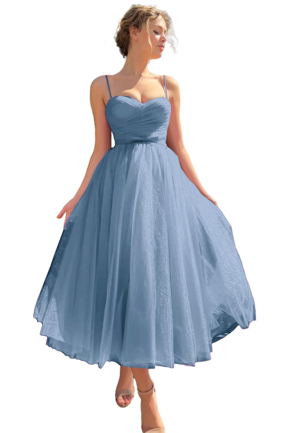 Sevintage Sevintage Women's Tulle Ball Gowns for Teens Tea Length Princess Dresses Spaghetti Straps Short Prom Dress Midi Party Gown for Wedding Dusty Blue US12