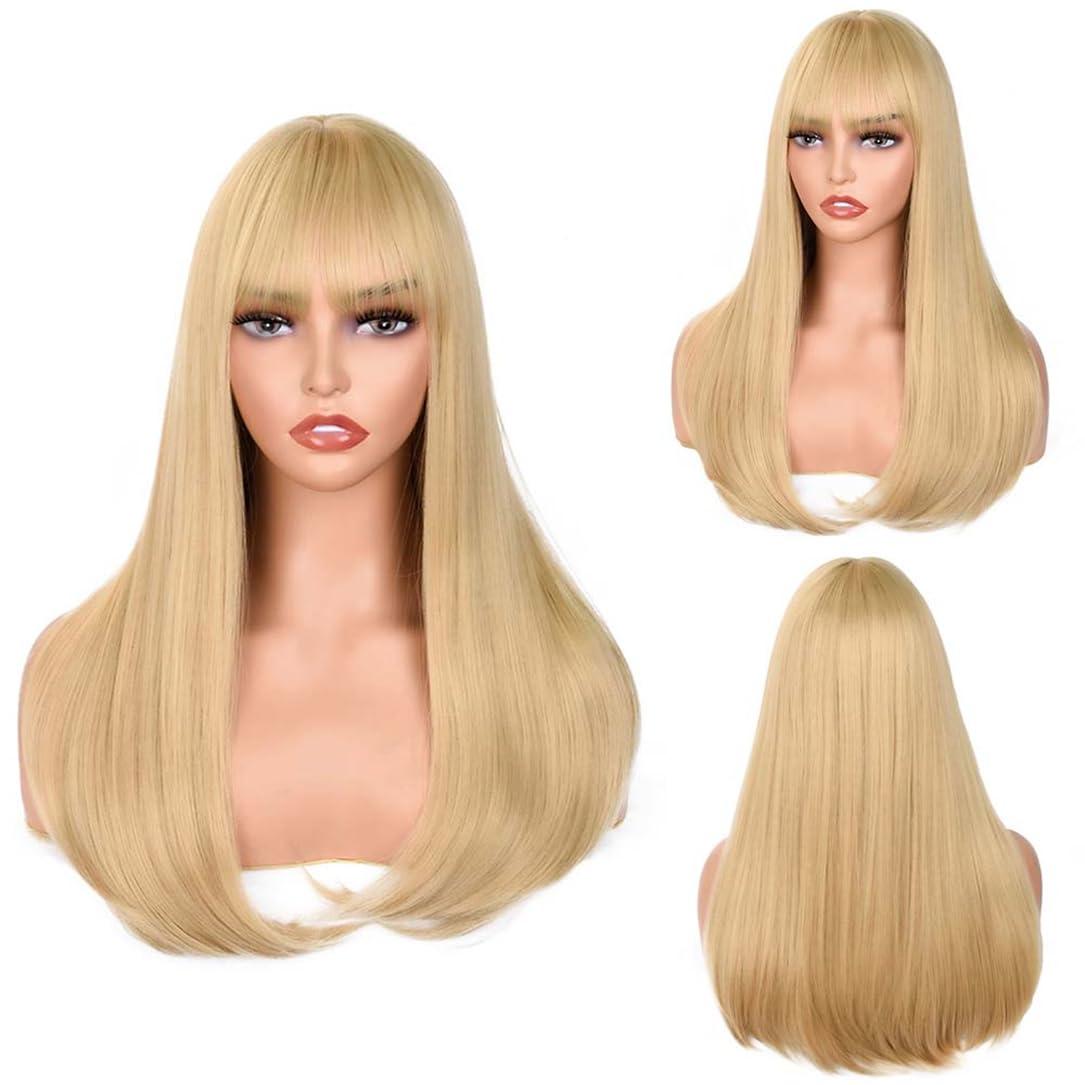 Adhdyuud Adhdyuud Women Long Straight Pink Wig Bangs Synthetic Wigs Platinum Blonde Heat Resistant Natural Hair Cosplay Wigs 18