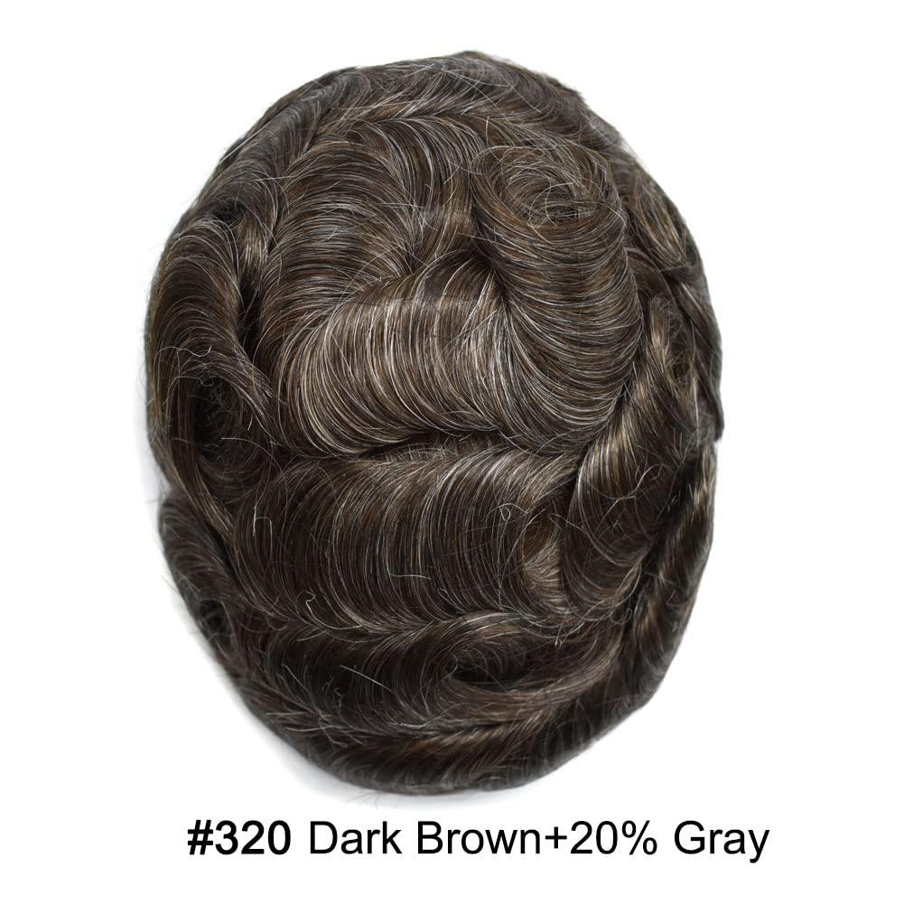 PUNRU HAIR PUNRU HAIR Human Hair System For Men Lace Front With Poly Mens Toupee Natural Hairline Mens Hair Replacement System Bleached Knots Hairpiece 8\"X10\" #320 Dark Brown with 20% gray-100% density