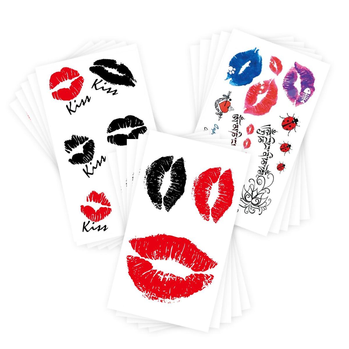 Kotbs 15 Sheets Kiss Lip Print Temporary Tattoos, 5 Designs Each, 2.4 x 3.9 Inch Tattoo Stickers for Women, Girls, and Kids - Perfect for Parties and Special Occasions