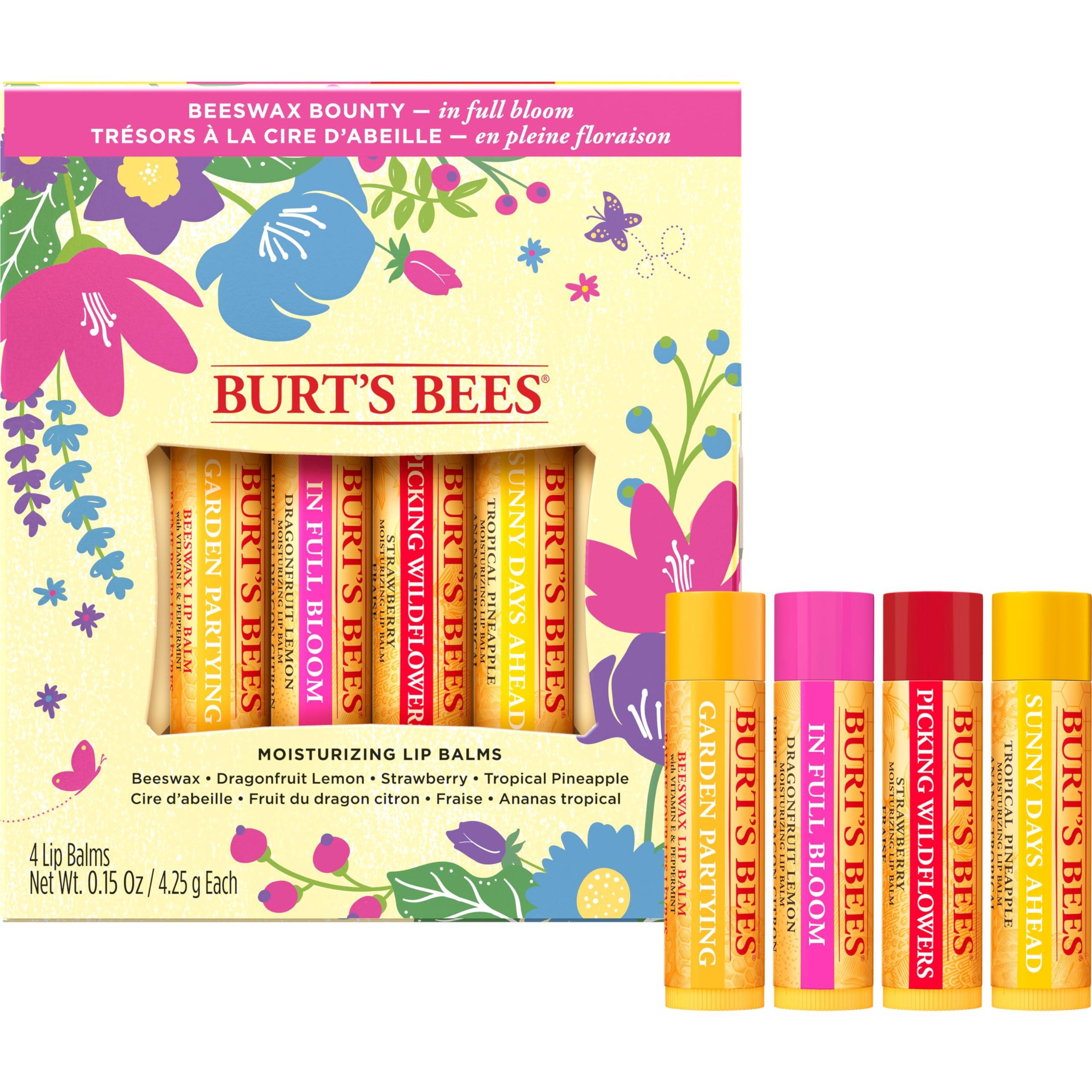 Burt's Bees Burt's Bees Gifts, 4 Lip Balm Products, In Full Bloom Set - Original Beeswax, Dragonfruit Lemon, Tropical Pineapple & Strawberry (4 Pack)