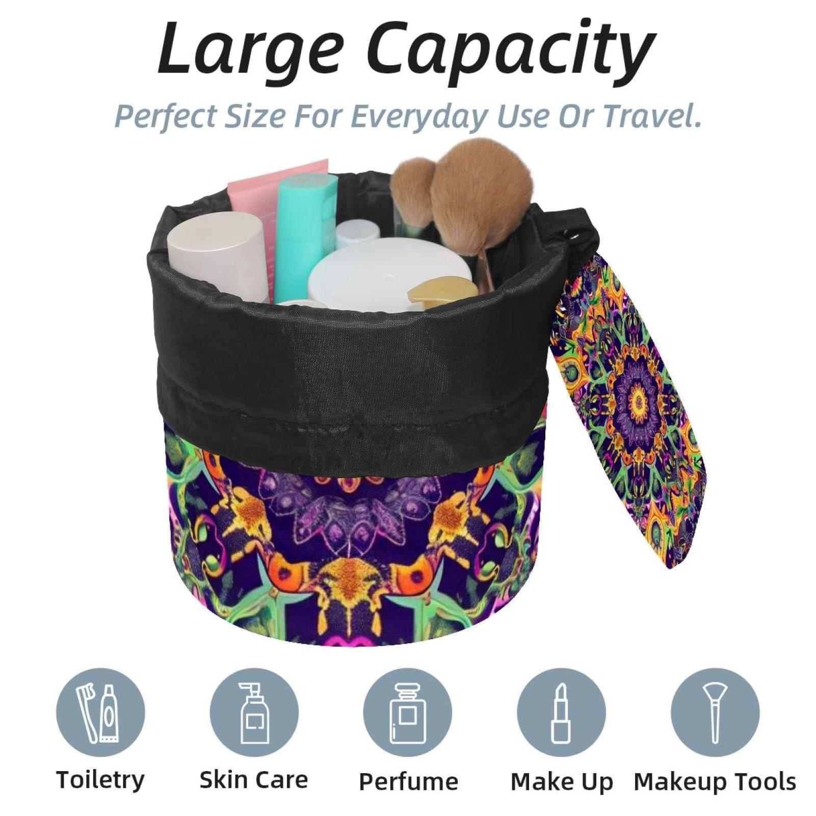 LSHDNG Travel Cosmetic Bags bucket Makeup Bag, Art Psychedelic Mandala Hippie Women Portable Foldable Cases, Multifunctional Toiletry Bucket Bags Round Organizer Storage