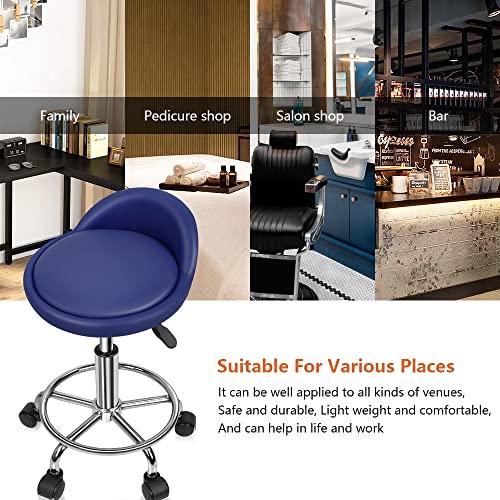 KKTONER KKTONER PU Leather Round Rolling Stool with Foot Rest Height Adjustable Swivel Drafting Work SPA Task Chair with Wheels (Blue)