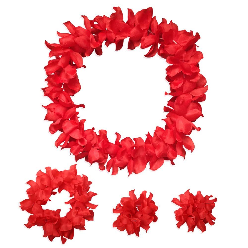 YAXAMING Hawaiian Leis Luau Tropical Headband Flower Crown Wreath Headpiece Wristbands Women Thicker Necklace Bracelets Hair Band For Summer Beach Vacation Pool Party Decorations Favors Supplies Set Red