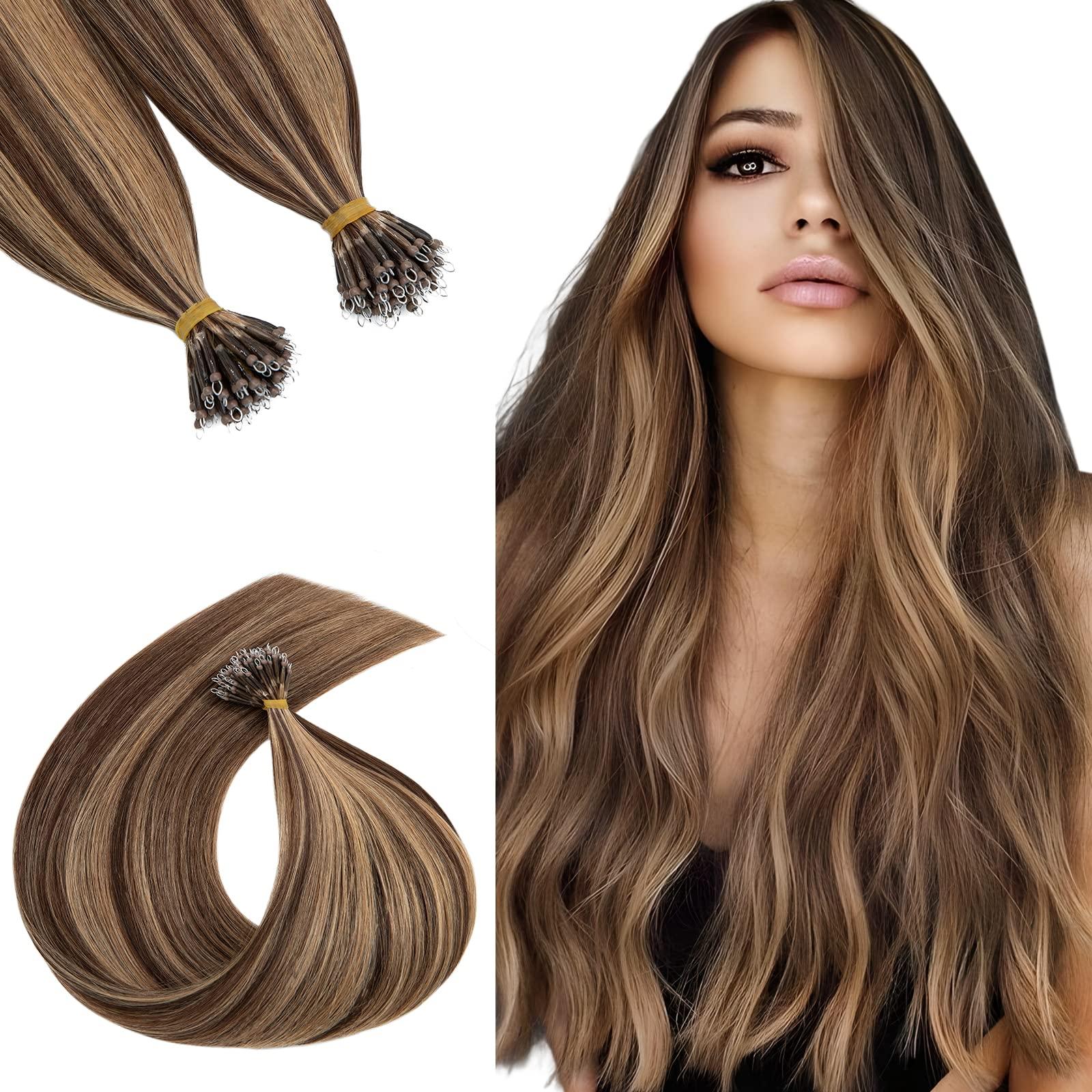 TESSHAIR TESSHAIR 18 Inch Nano Bead Hair Extensions Human Hair, Nano Ring Hair Extension 100% Real Human Hair, Natural Can be Washed Curled Dyed Permed, 50 Strands 50g #4P27 Medium Brown & Dark Blonde