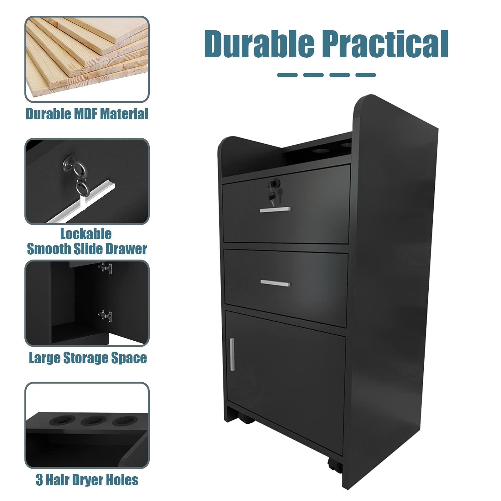 Goujxcy Goujxcy Barber Salon Station for Hair Stylist, Black Salon Barber Storage Cabinet Hair Station, Space-saving Salon Cabinets, Salon Beauty Equipment with 2 Drawers,1 Door,3 Hair Dryer