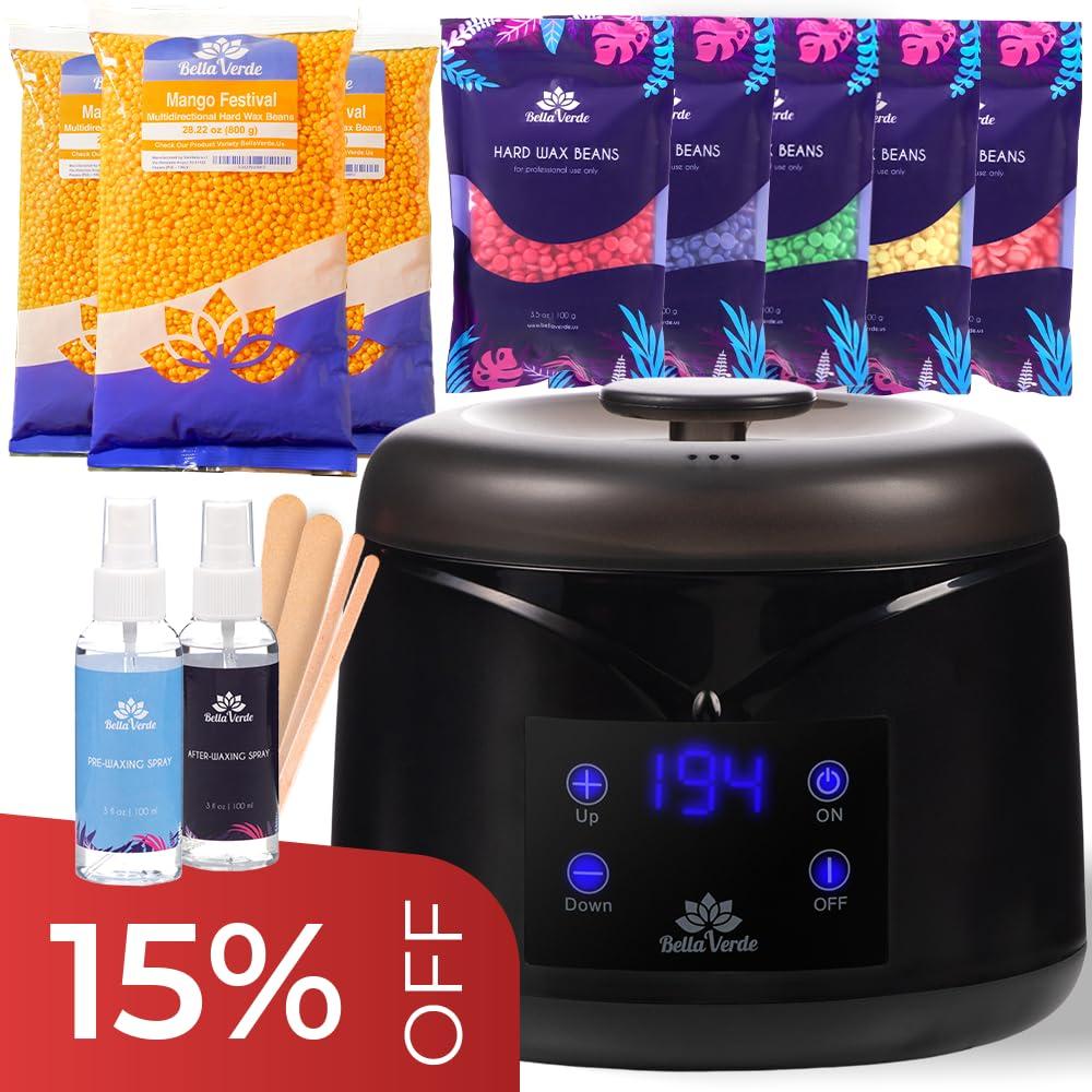 Bella Verde Bella Verde Wax Warmer Home Waxing Kit - Wax Kit for Hair Removal Wax Pot Professional with LED Display and 8 Bags Painless Hard Wax Beans, 20 Wax Sticks for Face, Legs, Arms, Bikini