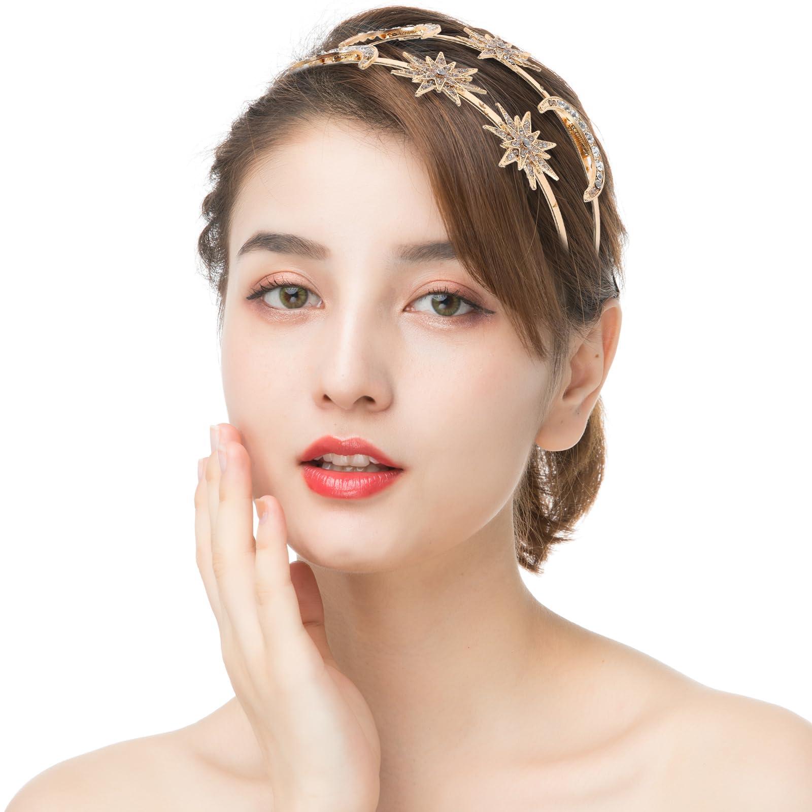 LUOZZY LUOZZY Star and Moon Headband Goddess Crown Headdress Double Layer Rhinestone Headpiece Party Supplies - Golden