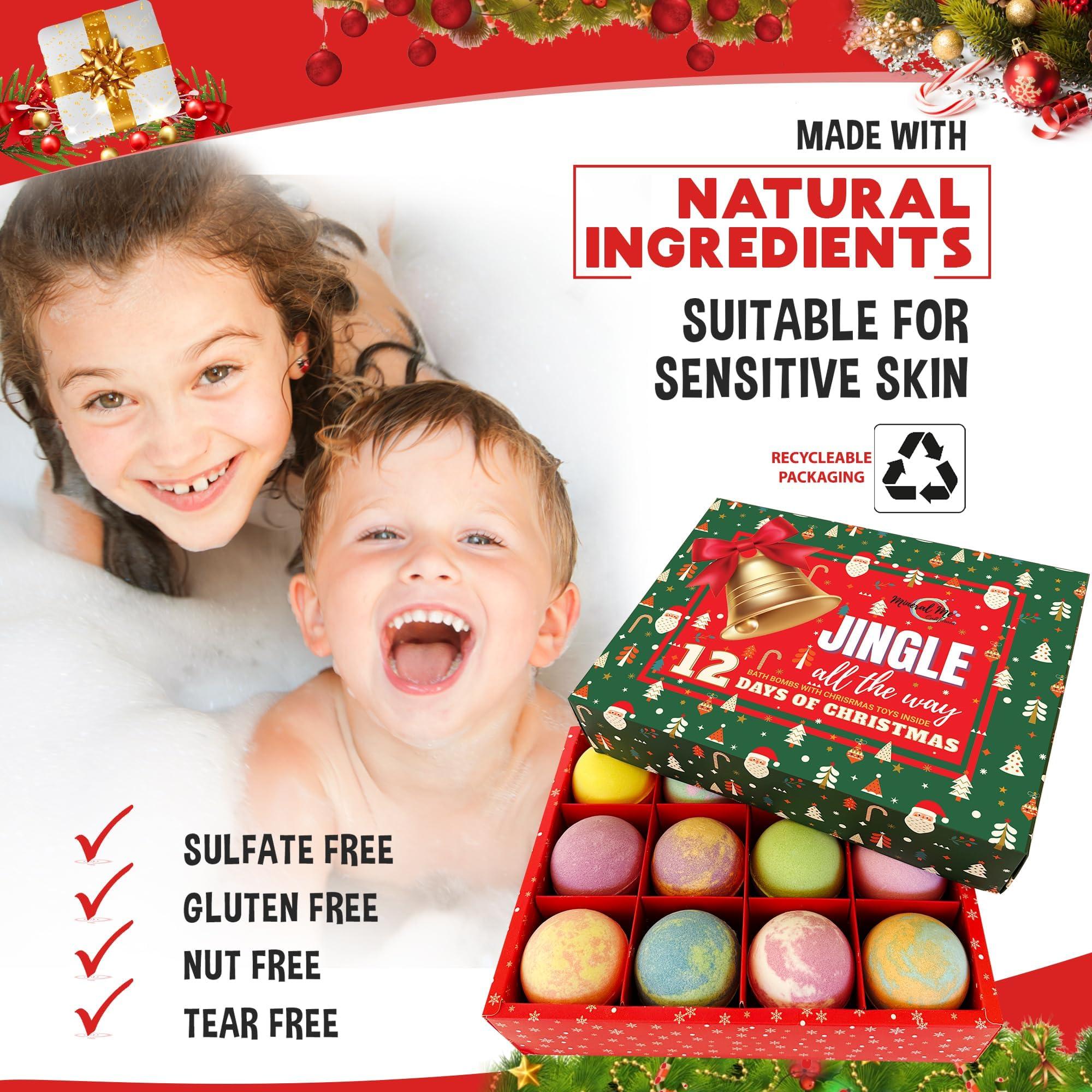 Mineral Me California Christmas Bath Bombs for Kids with Surprise Toys Inside - Kids Advent Calendar Bathbombs - 12 Pack Organic Bath Bombs Gift Set, Moisturizing Bubble Bath Fizzies, Gifts for Kids, Boys, Girls, Toddler