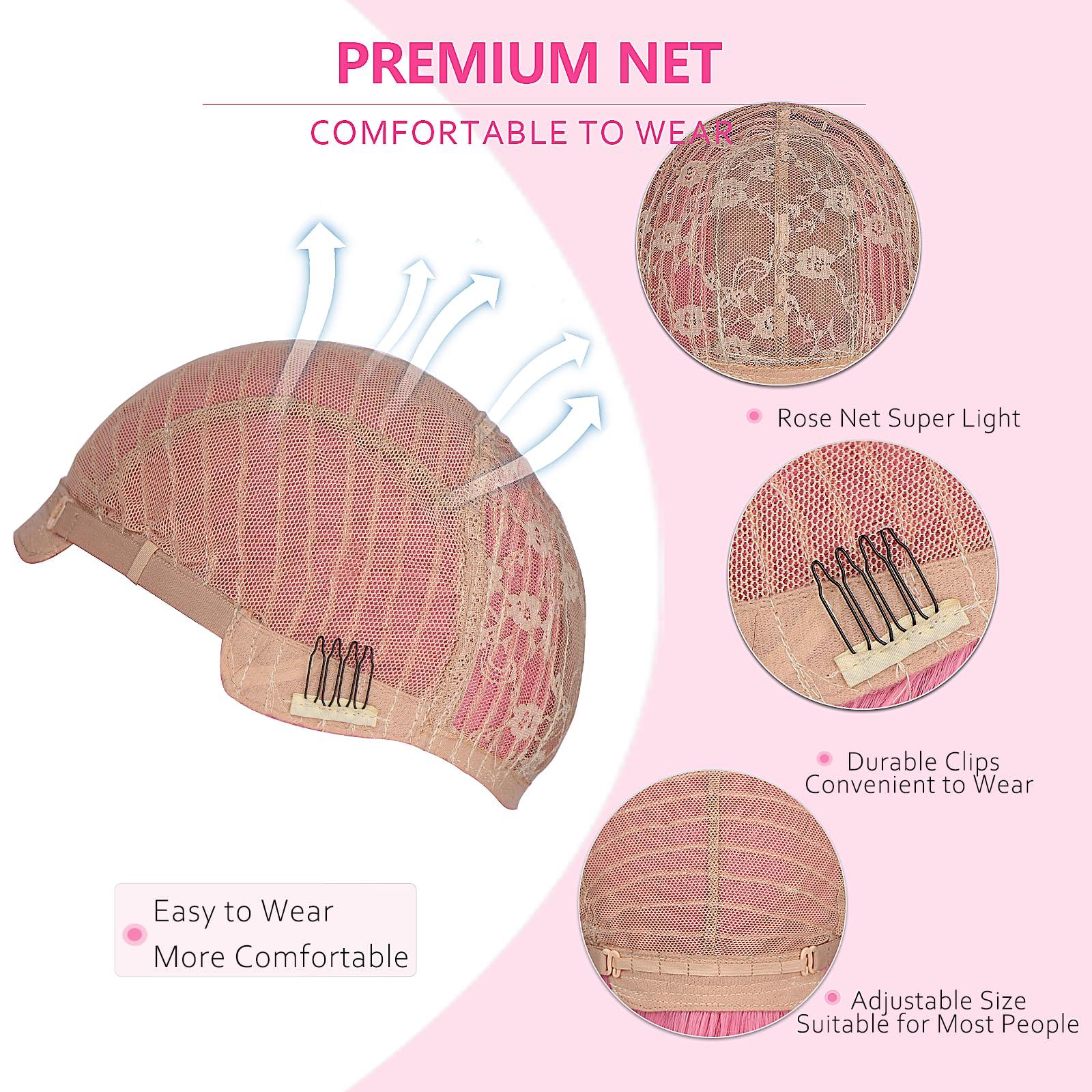 HAIRUP HAIRUP Light Pink Wig with Bangs for Women, Short Wavy Curly Bob Wig Pastel Pink Wigs 14 Inch Medium Length Colored Wig Party Cosplay Halloween Wigs