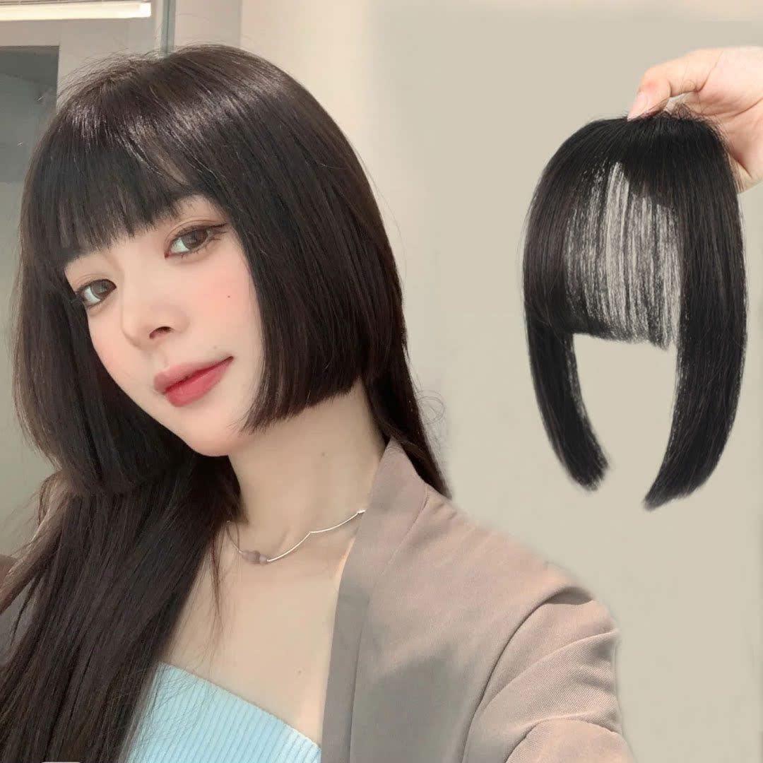 VAVANGA VAVANGA Clip in Bangs Straight Synthetic Black Hair Princess Cut Bangs Hair Piece Fringe with Temples Flat Neat Bangs Hair Extension Clip on Bangs for Women(1B#-HL02, 10")