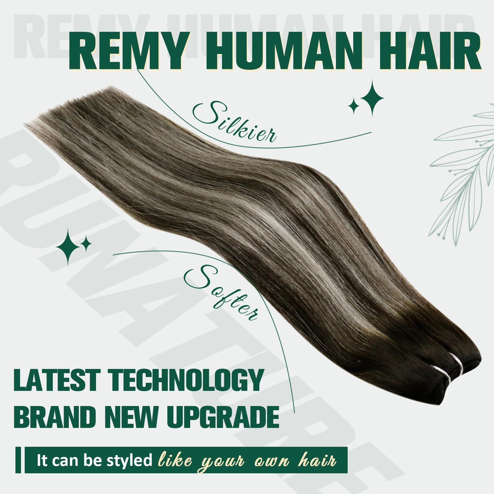 RUNATURE RUNATURE Human Hair Weft Extensions Ombre Black Weft Hair Extensions Human Hair Black to Silver Mix Black Sew in Hair Extensions Real Human Hair Weft Straight Weft Hair Extensions 12 Inch 70g