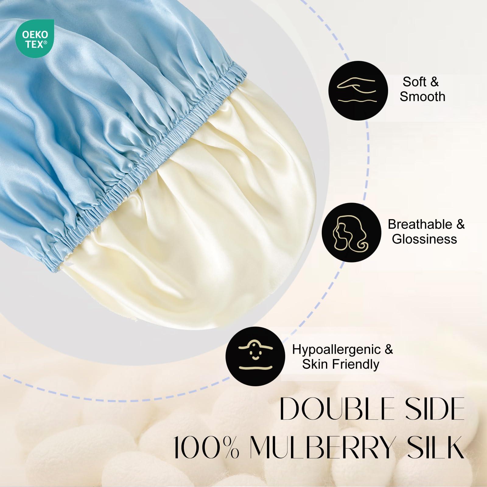 ZIMASILK ZIMASILK 100% Mulberry Silk Bonnet for Sleeping Women Long Hair Double Layer Silk Hair Wrap with Adjustable Band Natural Silk Bonnet for Hair Care Stay On Head (1Pc, Light Blue)