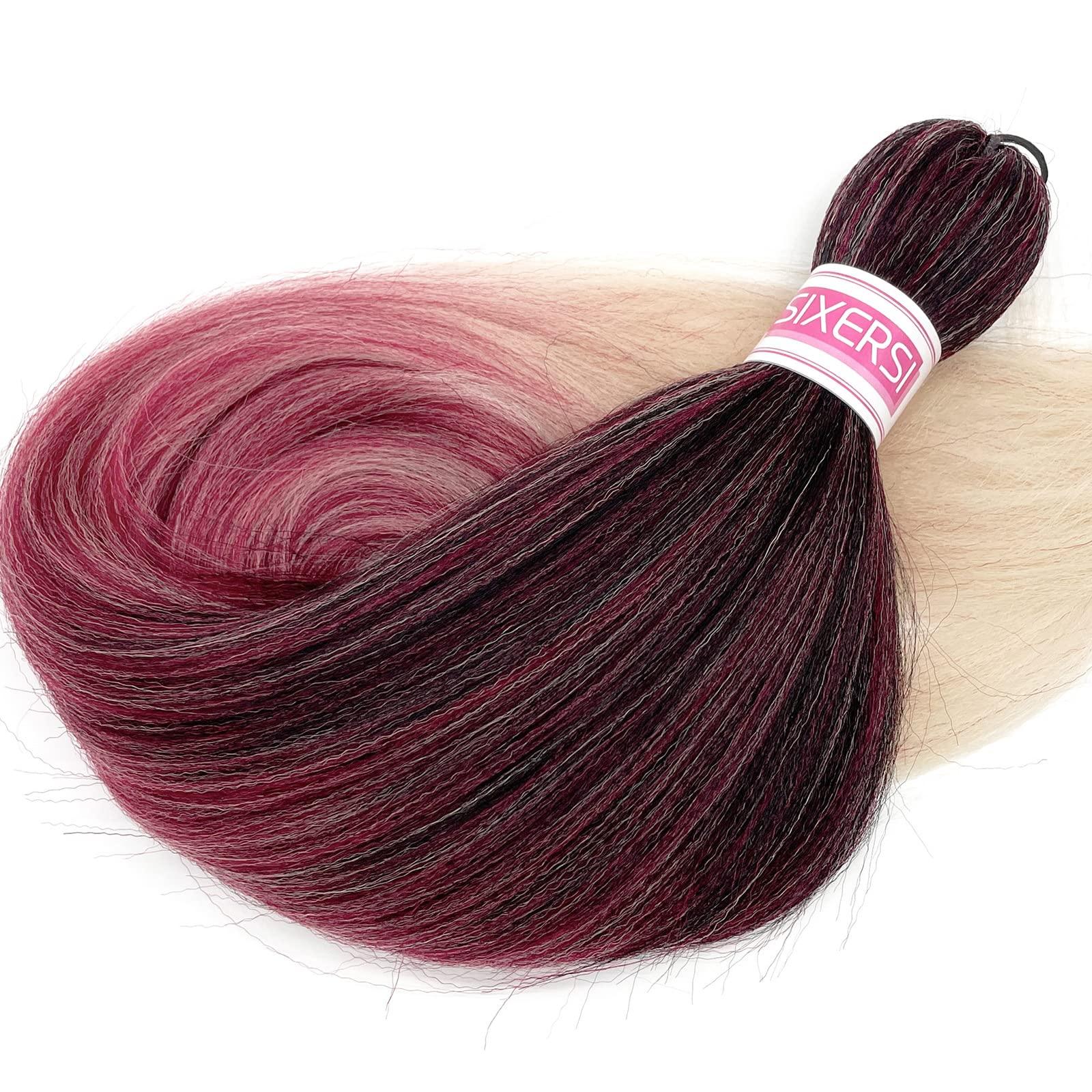 SIXERSI 1B Burgundy Blonde Ombre Braiding Hair Pre Stretched 26 inch 3 Packs Pre Stretched Braiding Hair Ombre Synthetic Hair for Braiding Itch Free Crochet Box Braids Yaki Micro Braiding Hair Extensions