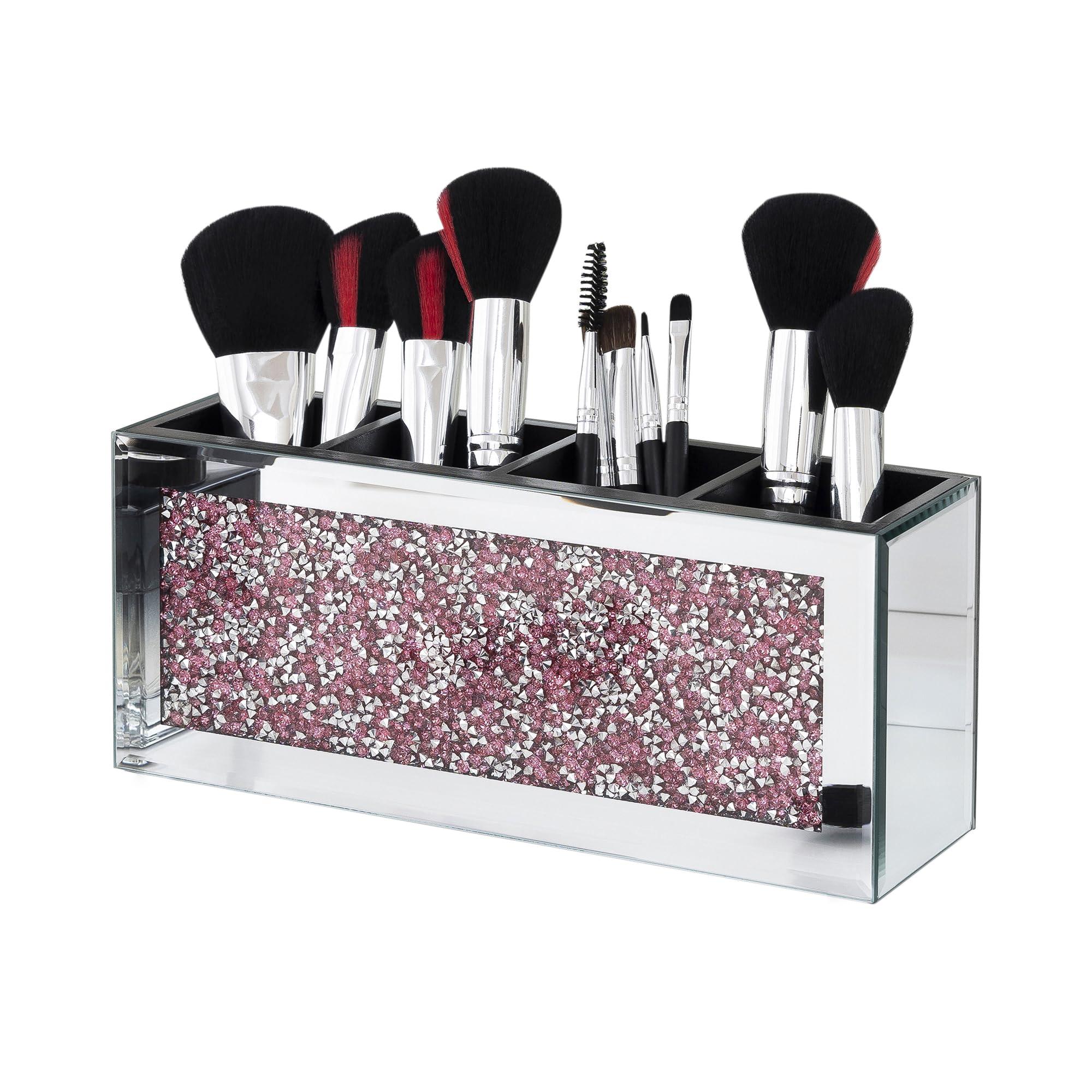 SHYFOY SHYFOY Mirrored Makeup Brush Holder, 4-Compartment Makeup Organizer with Pink Crushed Diamond, Vanity Cosmetics Organizer Solution, Pencil Holder Organizer for Desk