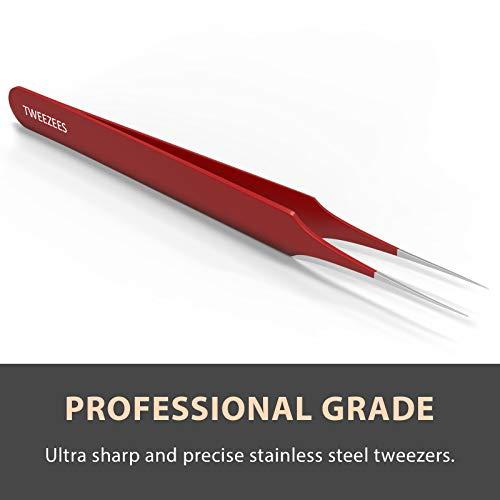 Tweezees Ingrown Hair Tweezers | Pointed Tip | Red | Precision Stainless Steel | Extra Sharp and Perfectly Aligned for Ingrown Hair Treatment & Splinter Removal For Men and Women | By Tweezees