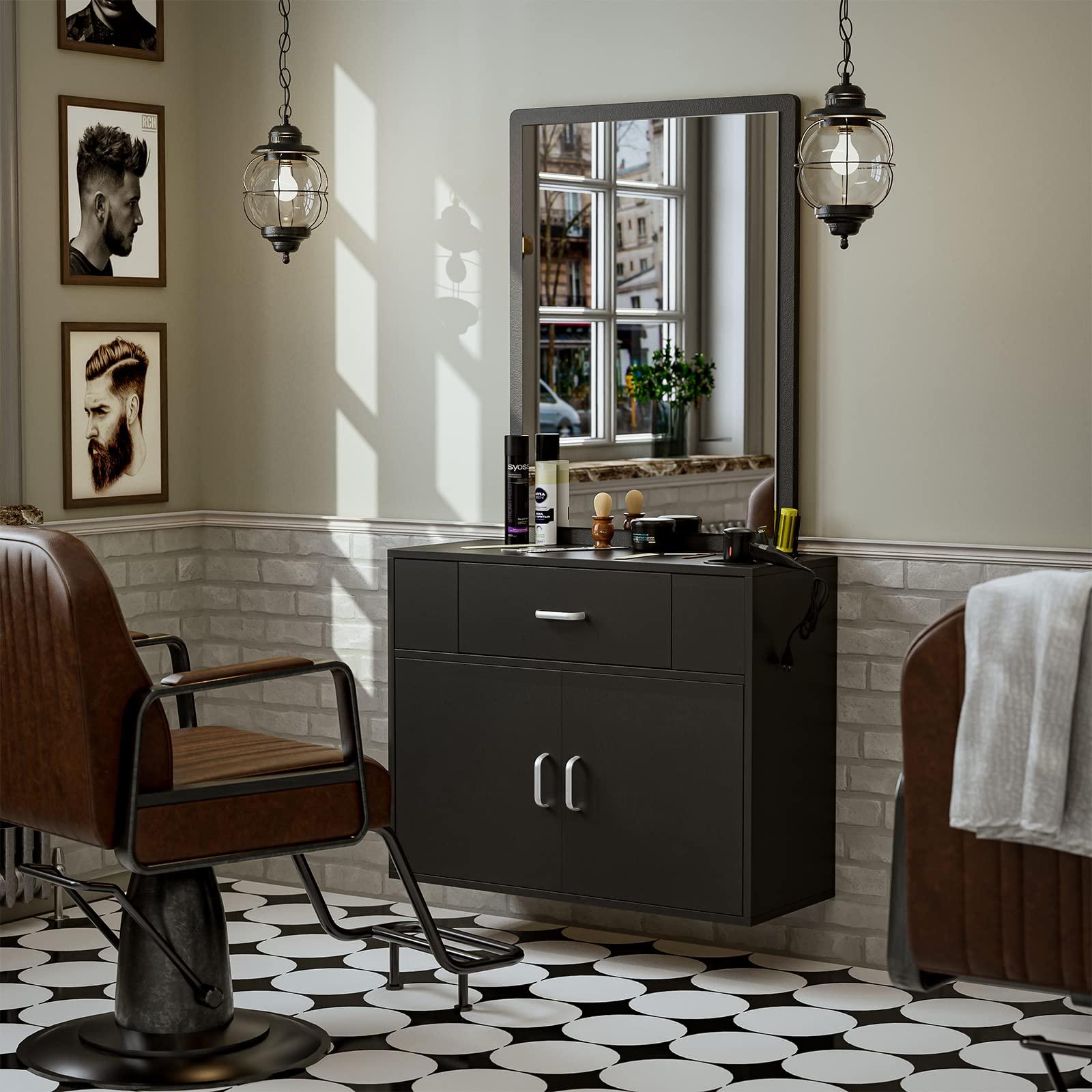 Belandi Belandi Wall Mount Salon Station Barber Stations Styling Station with Mirror Drawer Storage Cabinet Spa Salon Equipment(Black)