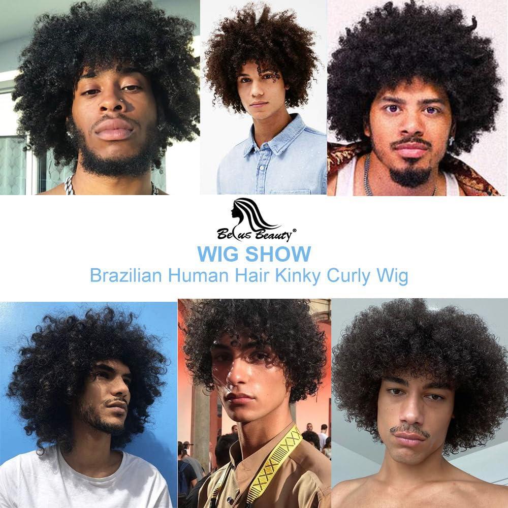 BECUS BECUS 8inch Afro Wig for Black men Short Kinky Curly 100% Human Hair Wigs for Black Men Short African American Male Afro Wig (Natural Spiral Black #1B)