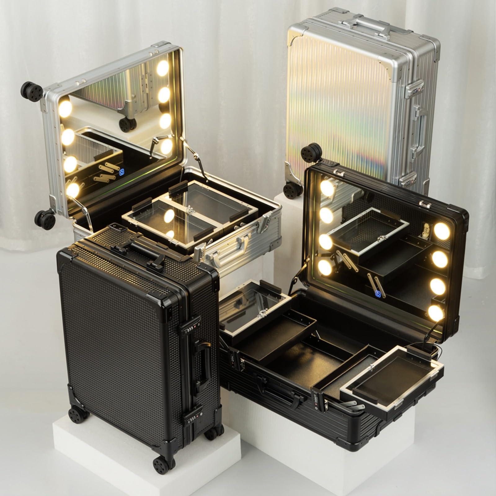 XQZMZSCP XQZMZSCP Large Makeup Train Case With Mirror And Lights, Professional Artist Cosmetic Travel Organizer Box Aluminum Makeup Case Salon Station (Dazzling Stripes 58X45X23cm)