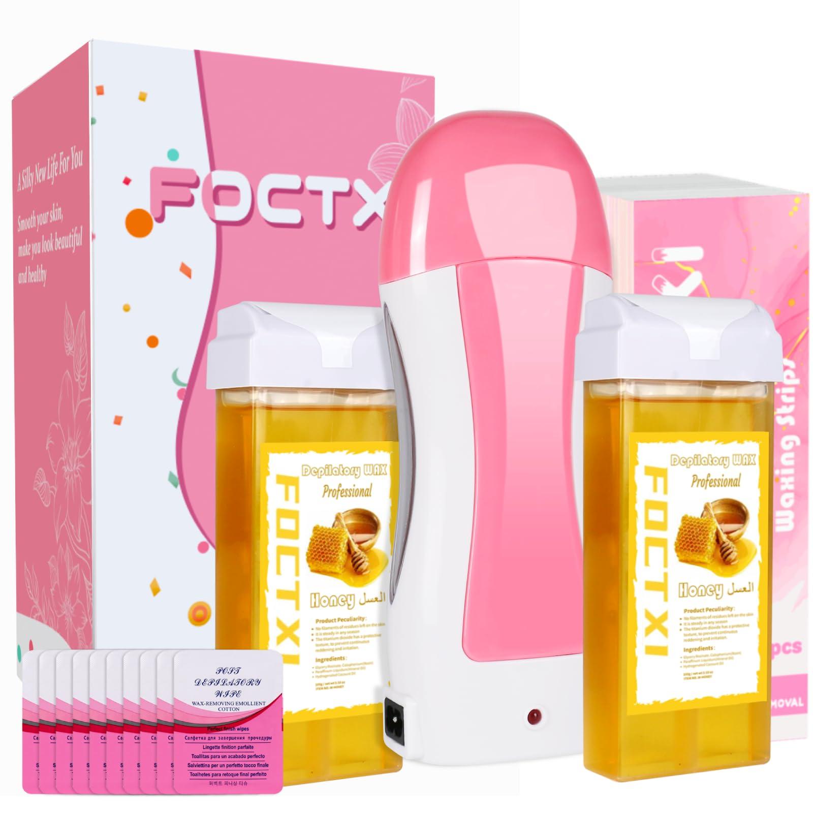 FOCTXI FOCTXI Roll On Waxing Kit for Sensitive Skin - Hair Removal with 2 Honey Soft Wax Cartridges and 100 Non-Woven Wax Strips, 10 Wipes