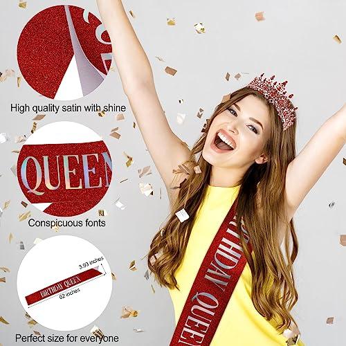 TIHEBAX Tihebax Birthday Queen Sash & Rhinestone Tiara Red Sliver Crown Birthday Sash and Tiara for Women Girls Princess Tiara Crown Birthday Accessories Headband and Sash for Girls