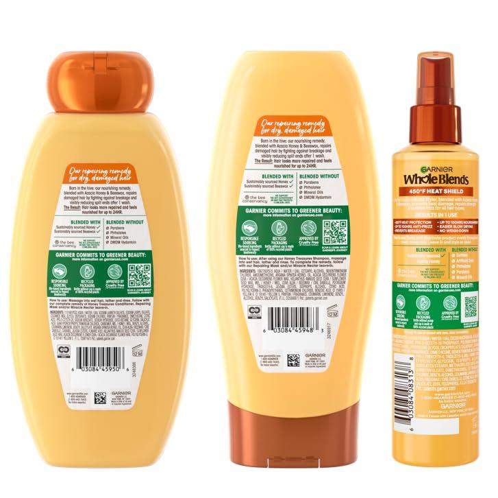 Garnier Garnier Whole Blends Honey Treasures Repairing Shampoo (22 Fl Oz), Conditioner (22 Fl Oz) + Hair Honey Milk 450F Heat Protectant Spray (2 Count) (8.5 Fl Oz) (4 Items), Bundle (Packaging May Vary)