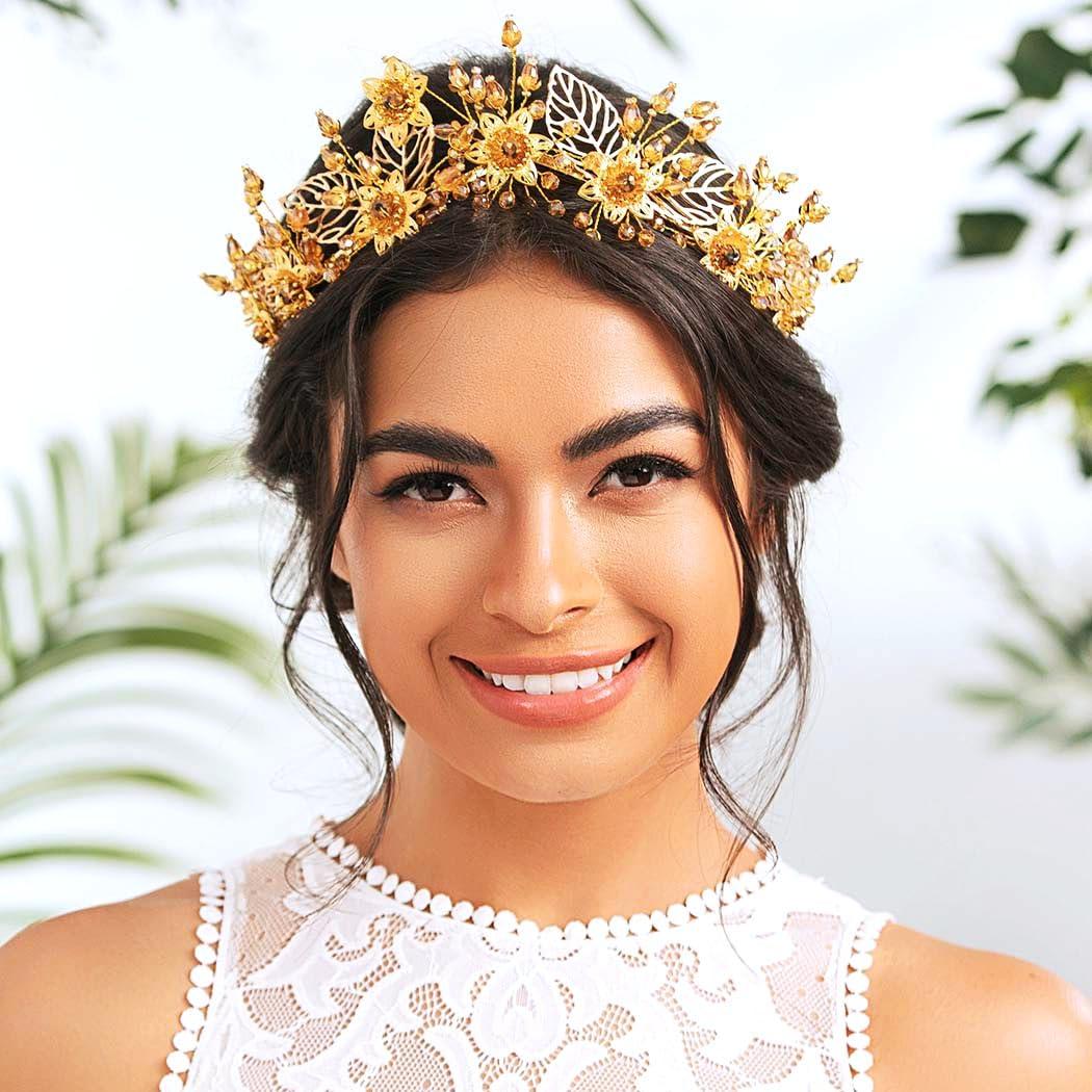 Woeoe Woeoe Crystal Queen Headband Gold Bridal Headpiece Women Headwear with Combs for Bride Wedding Birthday Party