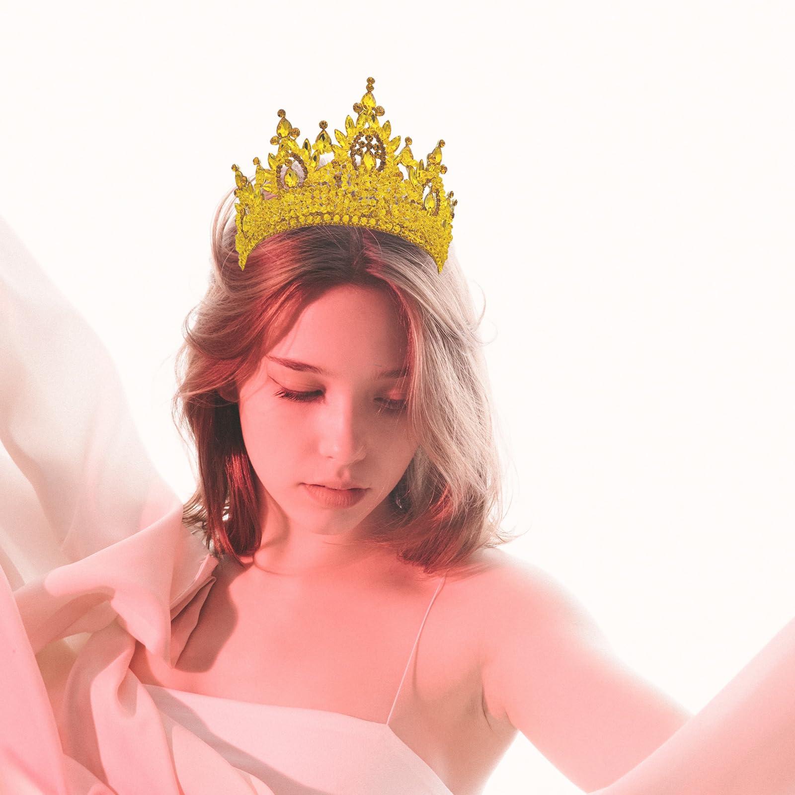 QXMYOO Tall Pageant Crowns for Girls Yellow Stones Royal Queen Tiaras for Adult Extra Large Wedding Headband Princess Quinceanera Prom Costume Cosplay Headpieces