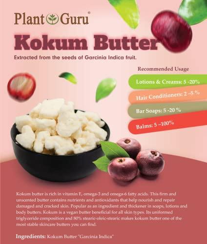 Plant Guru Raw Kokum Butter 16 oz. / 1 lb. 100% Pure Natural - Great for Skin, Body and Hair Moisturizer, DIY Creams, Balms, Lotions and Soap Making. (HDPE Food Grade Jar)