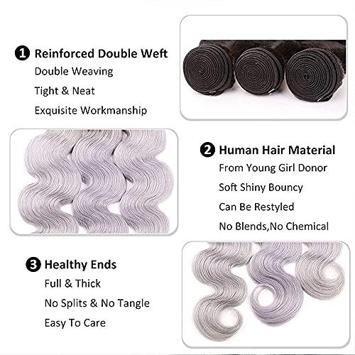 Freiuoke Silver Bundles Ombre Body Wave Human Hair Bundles Brazilian Grey Body Wave Bundles Virgin Hair 3 Bundles 18 20 22 Inch Two Tone Grey Hair Extensions 1B/Grey Bundles