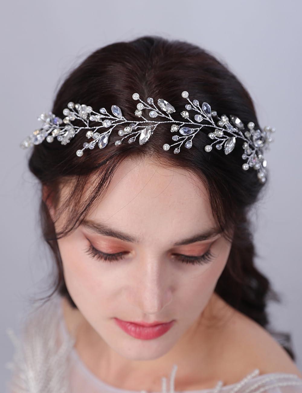 Jumwrit Jumwrit Crystal Wedding Headband Shiny Rhinestone Hair Pieces Pearl Bridal Headpiece for Women and Girls Handmade Bridal Hair Accessories for Brides Bridesmaids (Silver)