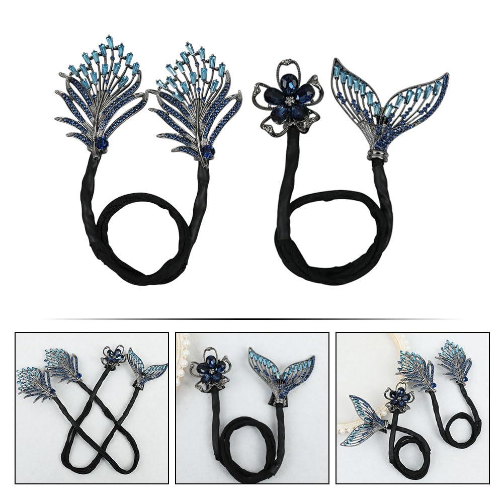 LOGOFUN LOGOFUN 2pcs Mermaid Tail Hair Bun Maker for Women Lazy Hair Curler Bun Clips Metal Flowers Feather Hair Bun for Girls Hair Accessories - Blue