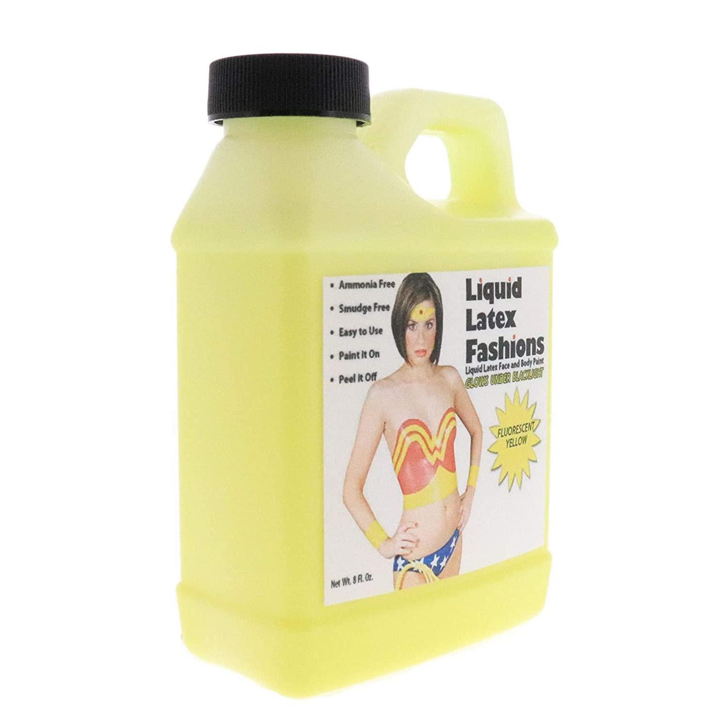 Liquid Latex Fashions Fluorescent Yellow 8 Oz - Liquid Latex Face and Body Paint, Black Light UV Reactive GLOW, Art, Theater, School Plays, Cosplays and Concerts!