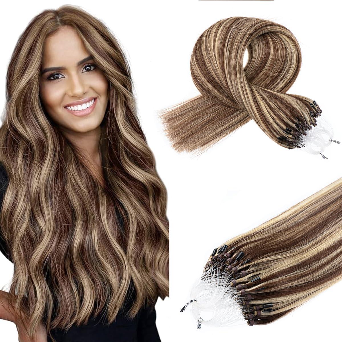 Kpvxxve Kpvxxve Microlink Extensions Human Hair 20 Inch Micro Loop Hair Extensions Long Straight Hair Brown with Bleach Blonde Highlight #4/613 Hair Extensions Real Human Hair 50g 1g/s