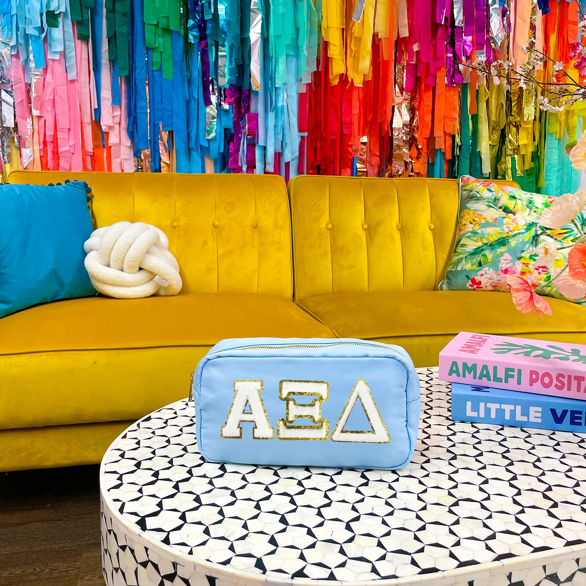 Go Greek Chic Alpha Xi Delta Nylon Makeup Travel Bag, Glitter Greek Letter Patch, Cosmetic Case - Blue -