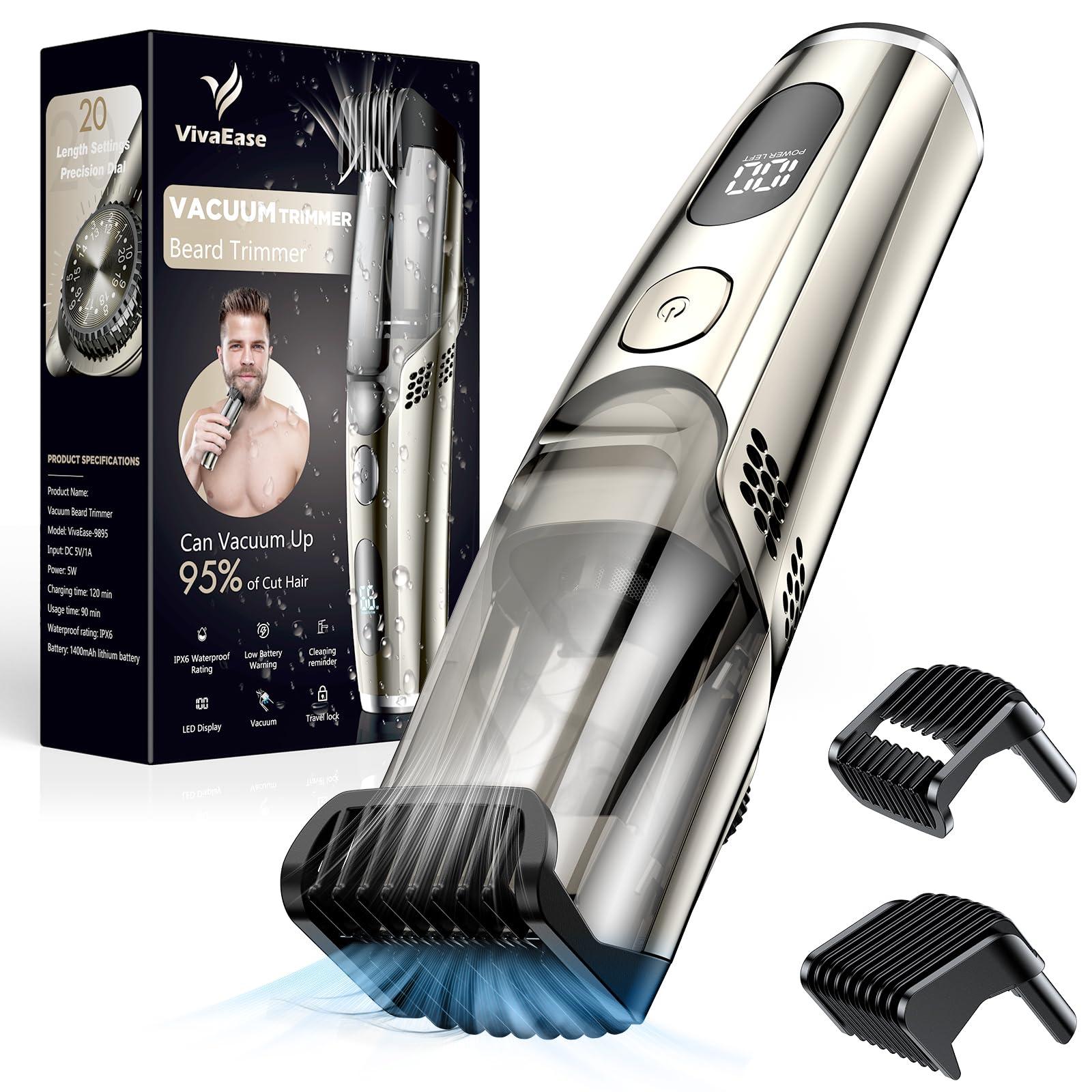 VivaEase VivaEase Vacuum Beard Trimmer for Men, Upgrade Adjustable Length with 2 Comb, Electric Vacuum Trimmer for Beard, Mustache and Stubble, Waterproof and Rinses Easy, High Precision Blades for Skin fit