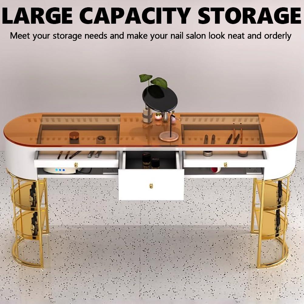 BOYITES BOYITES Freestanding Tempered Glass Manicure Table, Modern Art Nail Tech Workstation, Professional Manicure Shop Equipment, Nail Table with Storage Legs, Assembled Manicure Booth,140cm