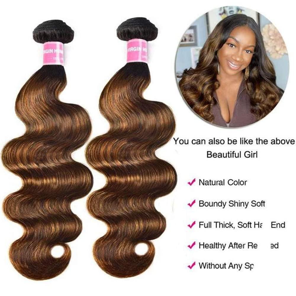 KLAIYI KLAIYI Ombre Brown Highlight Body Wave Human Hair Extensions 3 Bundles of 14 16 18Inch Balayage Honey Blonde Virgin Hair Weaves for Women Double Wefts Wavy Remy Hair with Dark Roots Sew In Piano Color