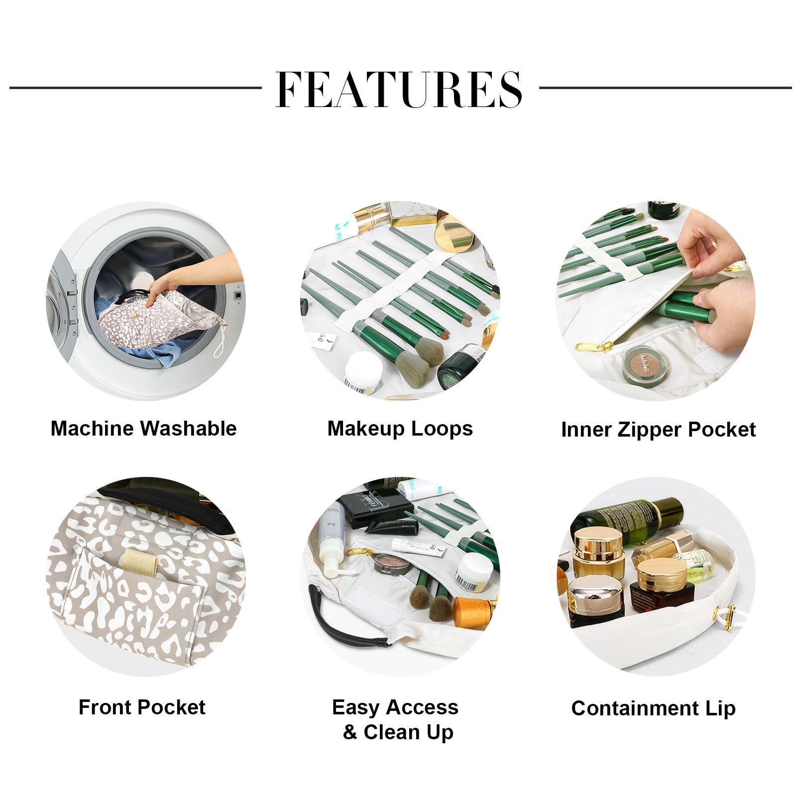 Vomgomfom Vomgomfom 20 inch Drawstring Makeup Bag Open Flat,Waterproof Magic Cosmetic Pouch for Women,Beige